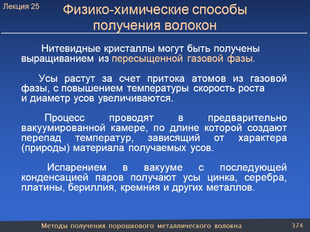 Методы получения порошкового металлического волокна 374 Физико-химические способы получения волокон Нитевидные кристаллы могут быть